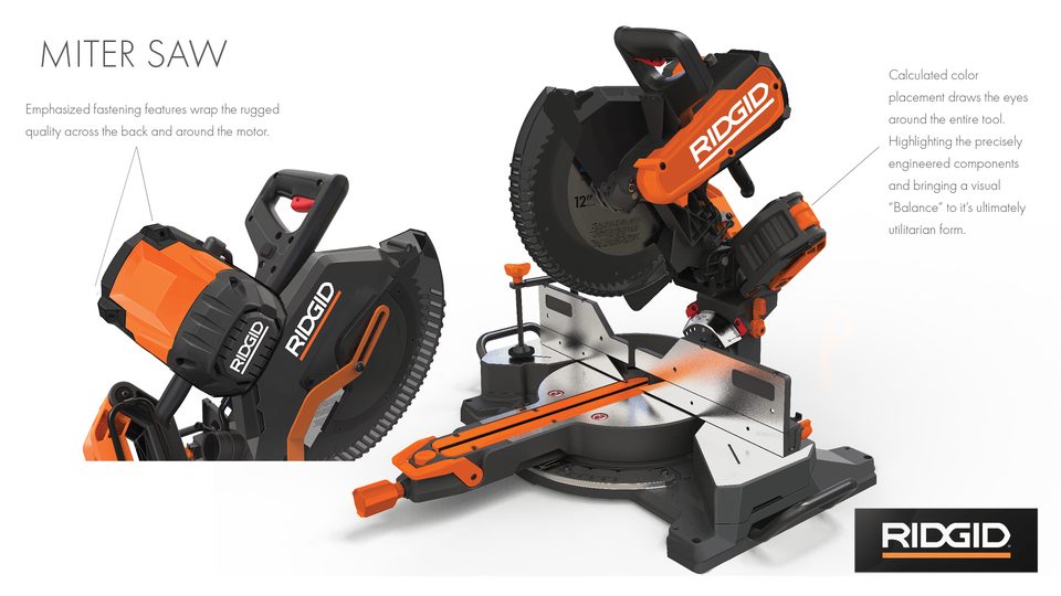 Miter saw — fastening features and color placement