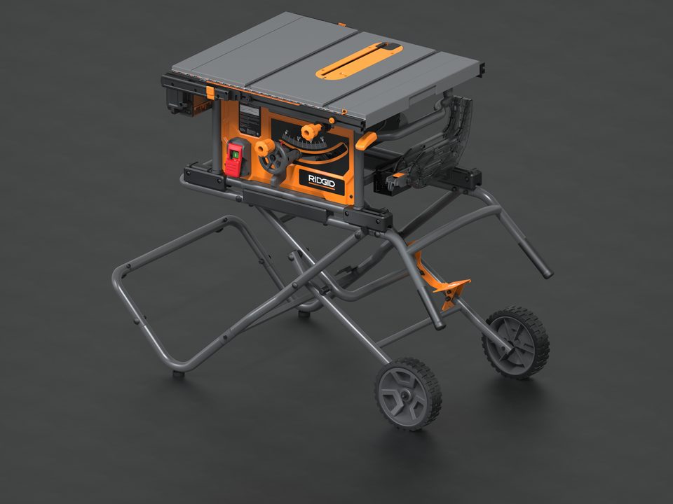 Portable table saw on rolling stand — KeyShot render