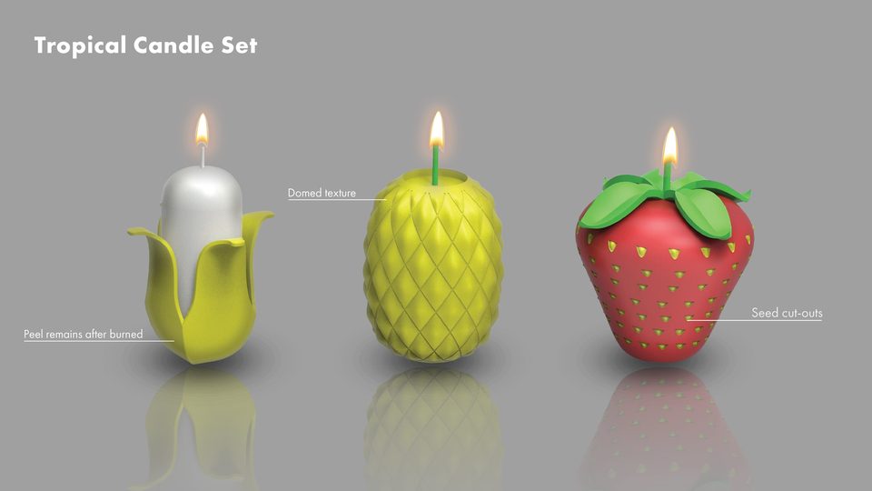 Tropical candle set — peel remains after burned, domed texture, seed cut-outs